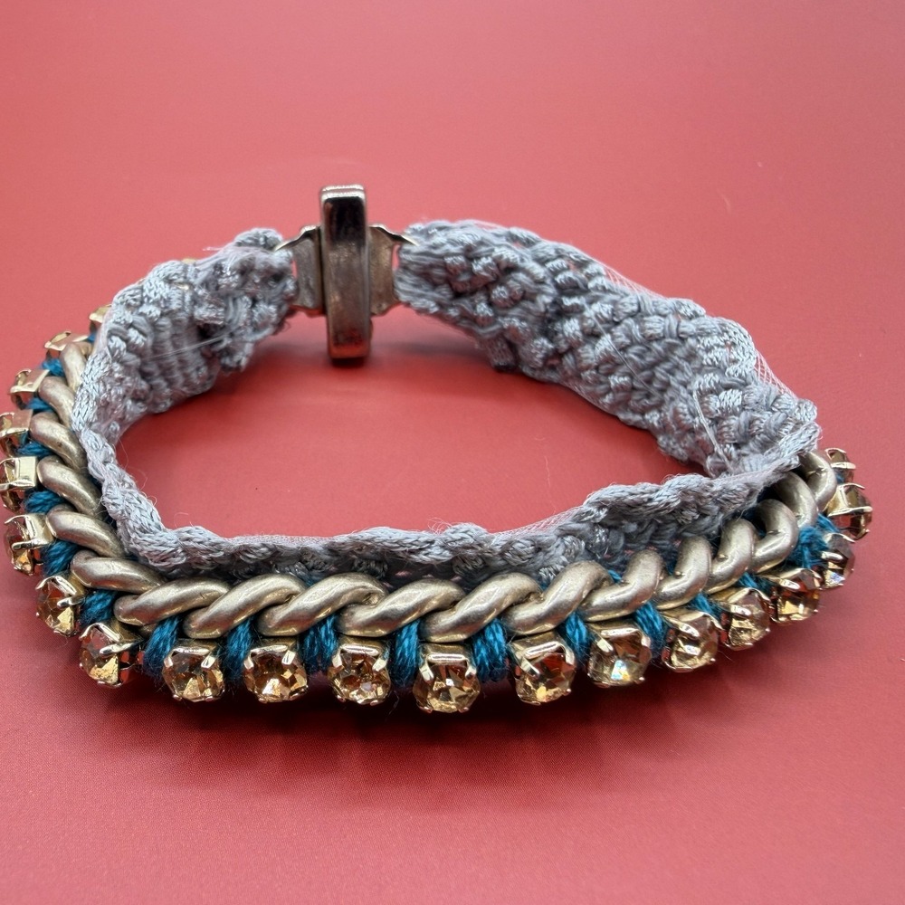 Gray Crochet Gold Tone Chain Champagne Rhinestone Statement Bracelet Boho Gift